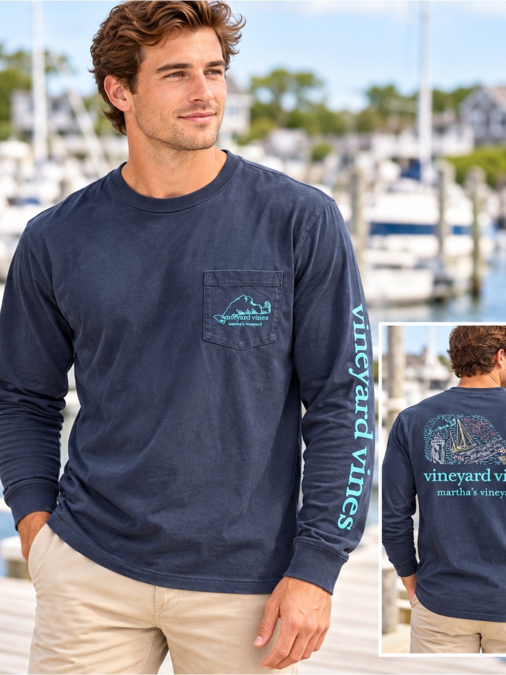 Vineyard Vines Men’s Small Navy Martha’s Vineyard Whale Long-Sleeve Pocket Tee